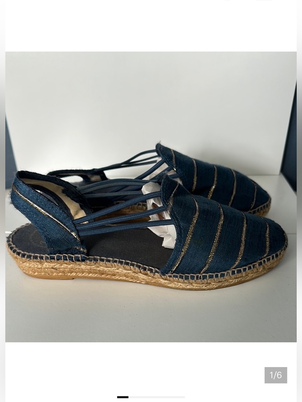 Toni Pons Blue and Gold Espadrilles with Braided Jute Sole